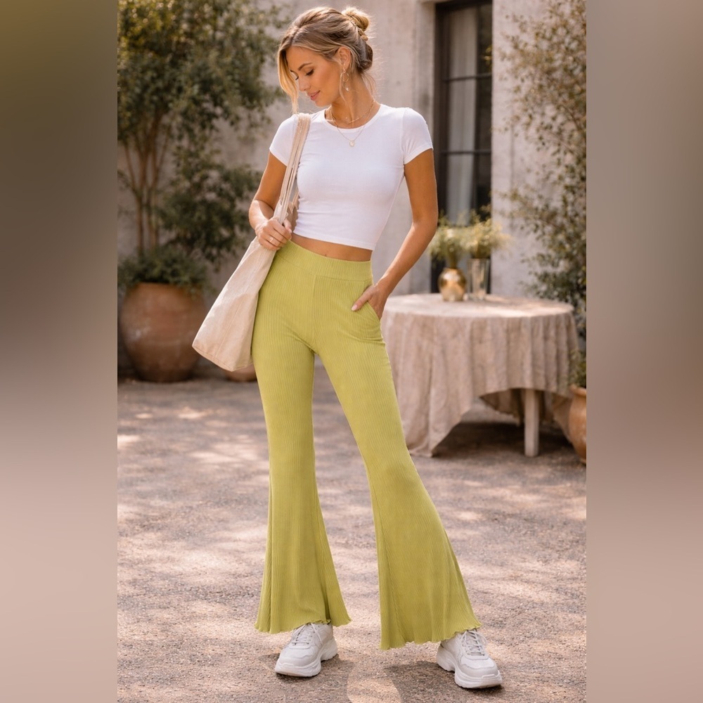 Aerie Ribbed Flare Pants Chartreuse Green Y2K Lounge Festival Boho Small